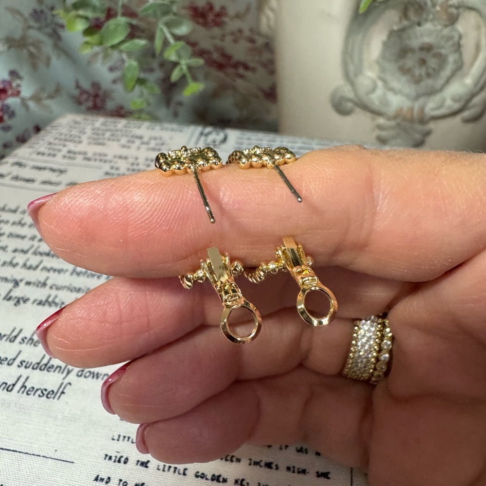 Stainless Steel Gold Crystal Floral Huggie Hoop Earrings - Women Jewelry - Picture 3 of 4